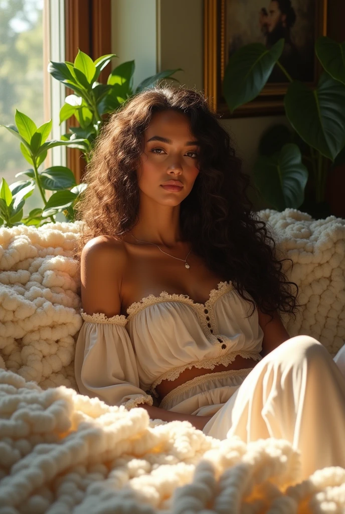 (photorealism:1.2), beautiful woman, sitting on bed, wearing loose off-shoulder top, pajama pants, long curly hair, indoors, soft lighting, plants in background, window with sunlight, cozy room, relaxed pose, realistic, intricate details, warm colors, by Greg Rutkowski, by Alphonse Mucha