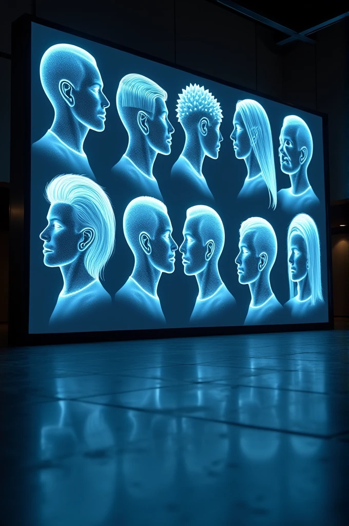 Large screen displaying different haircuts in a hologram format
