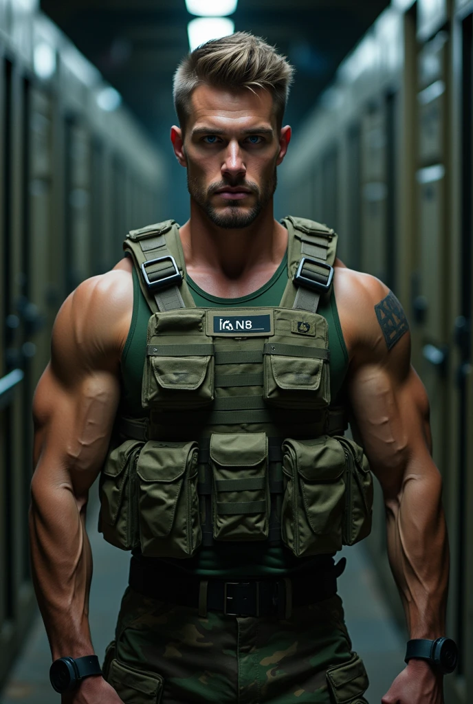 8k photorealistic, Handsome, man, blue eyes,Wearing tight camouflage clothing, Soldier, , barracks, Big bulge, muscular, Protruding J8, Broad chest,Perfect facial details,Sexy and charming expression