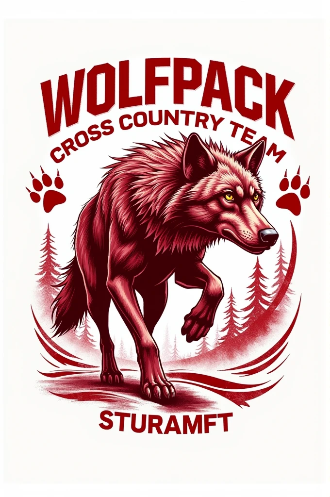 Wolf themed T-shirt design for “Wolfpack Cross Country Team”, include the team name and use only the colors red and white in the design