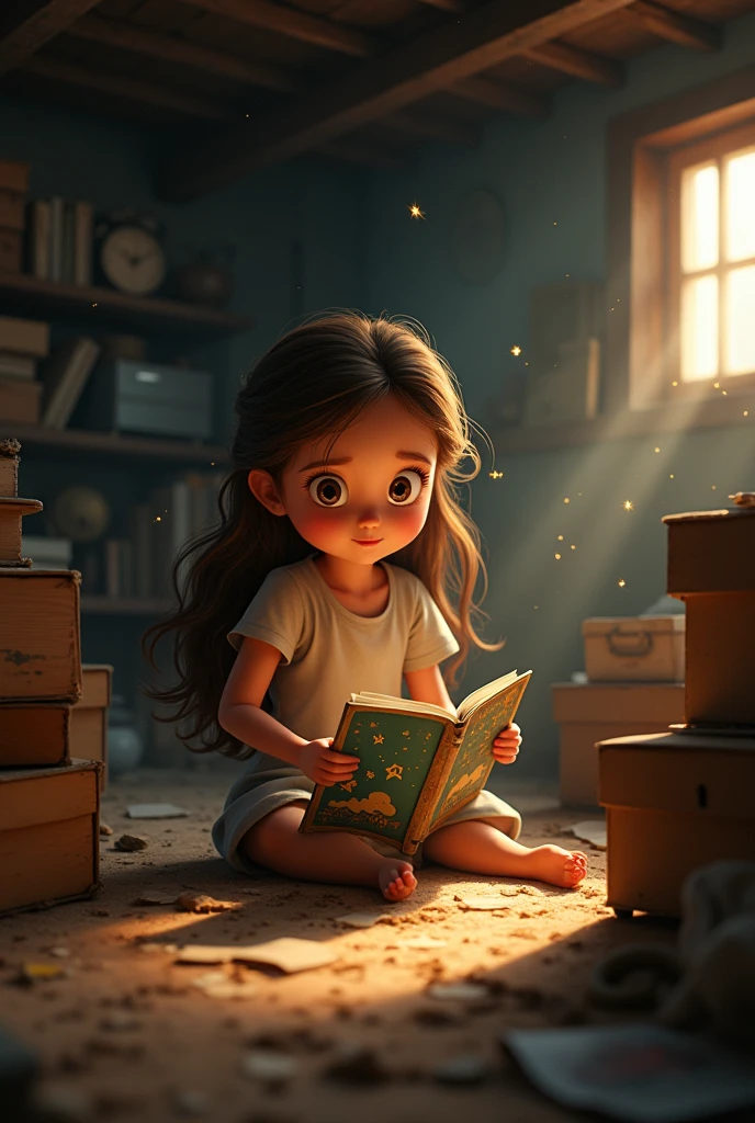 Lúcia, a curious and energetic girl, exploring the attic of her house
grandmother. Show old boxes, forgotten toys and a slightly dusty environment. The attic should have soft lighting that highlights the old notebook covered in
dust with a bright cover of stars and clouds.  Lúcia must seem fascinated when she finds the notebook.
