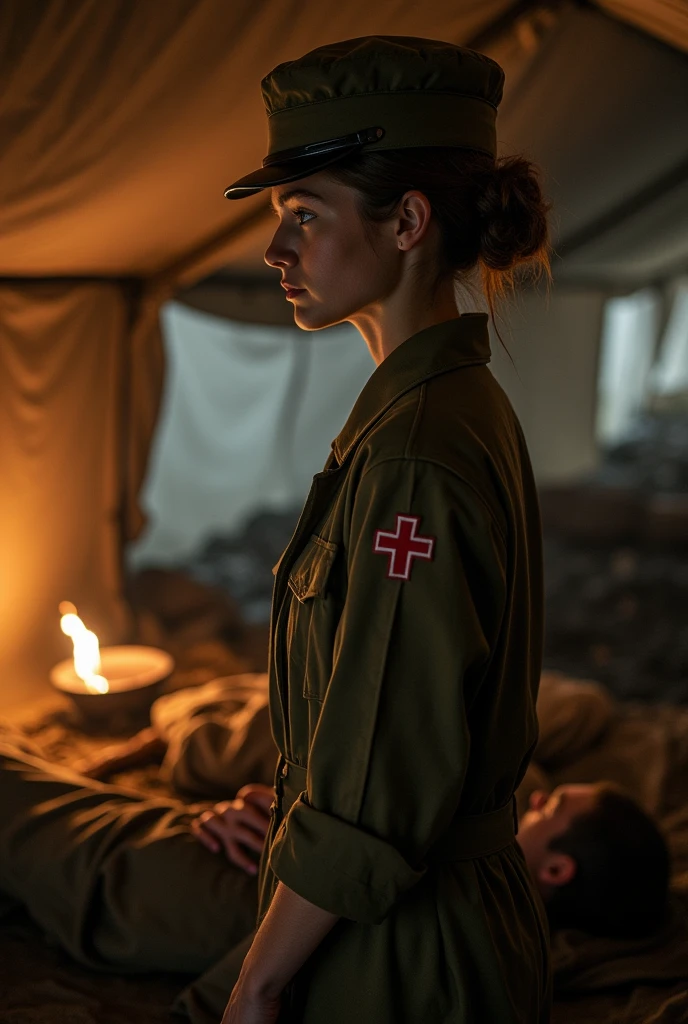 Sad young military nurse during World War II 