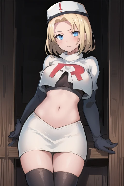 best quality, (masterpiece:1.2), illustration, absurdres, (1girl, solo, beautiful detailed girl),
 Theresia Caroline, short hair, blonde hair, blue eyes, medium breasts,
garrison cap, team rocket,team rocket uniform,white skirt,red letter R,crop top,black thigh-highs,black elbow gloves,
looking at viewer,