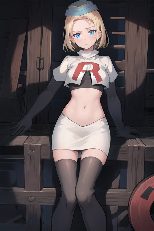 best quality, (masterpiece:1.2), illustration, absurdres, (1girl, solo, beautiful detailed girl),
 Theresia Caroline, short hair, blonde hair, blue eyes, medium breasts,
garrison cap, team rocket,team rocket uniform,white skirt,red letter R,crop top,black thigh-highs,black elbow gloves,
looking at viewer,