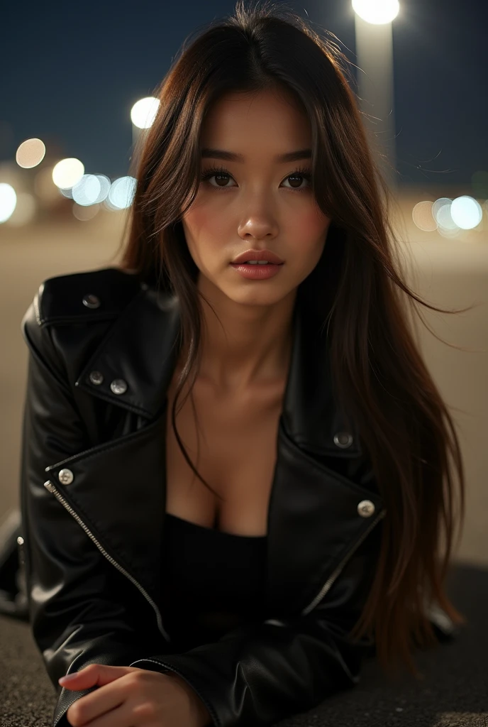 (full body shot:1) photorealistic image of a (laying pose:1) woman, ultrarealistic, photography, straight long dark brown hair, asian woman, beautiful cute sexy asian 20 years old woman, hourglass figure, perfect body, Flirty look, natural big breasts, she wears a black leather jacket, top, black skirt, long eyelashes, cat eye make-up, double eyelids, sexy pose, erotic pose, seductive pose, in a parking lot, late at night, big breasts, big tits, busty, big breasts