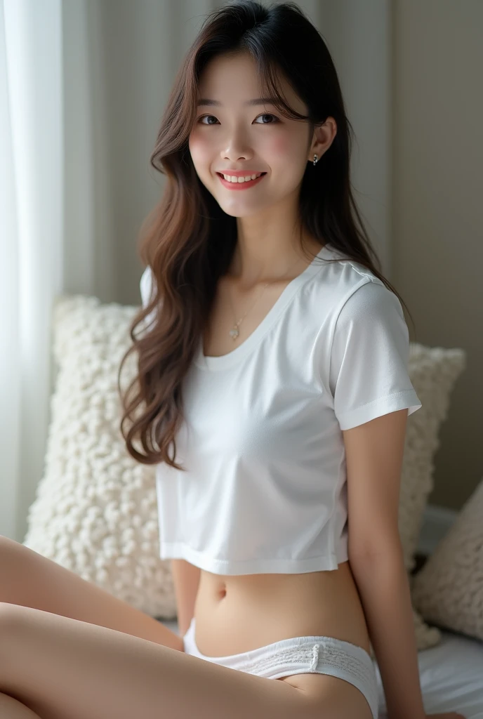 (((One person,alone))),(Highly realistic photos, High resolution, Detailed face, Beautiful Eyes) Japanese Actress, Beautiful face, T-shirt and panties, Healthy Body,Spread your legs、I can see your belly、Very thin lips、smile、Shot in a photo studio