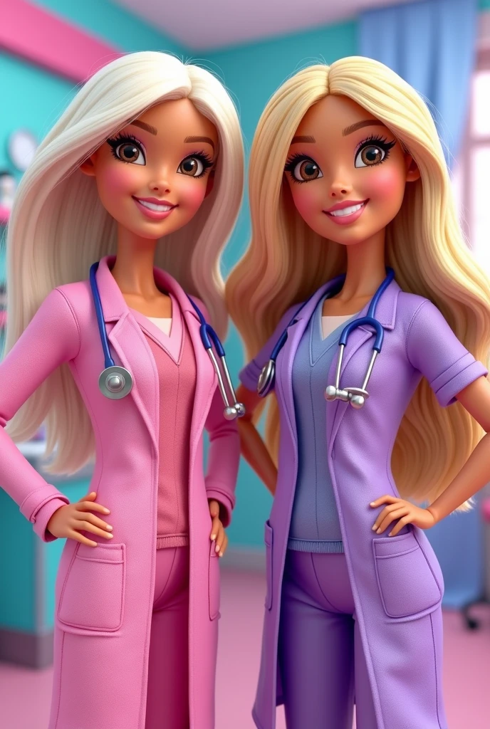 Two Barbie Doctor cartoons, one with brown eyes and white hair , and another with brown eyes and blonde hair , I wore pink and the other one purple