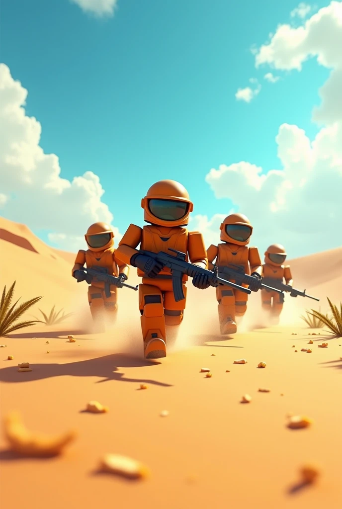 Create an image of some soldiers with Roblox bodies running in the desert