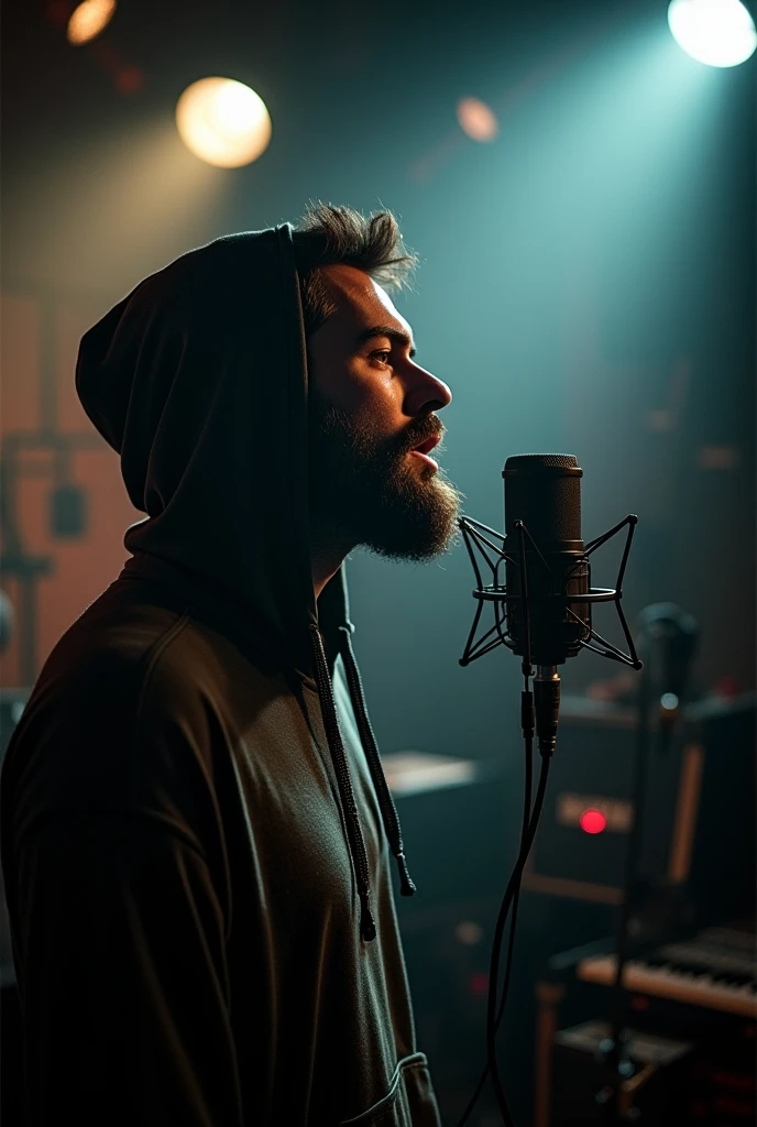 A music studio with very dim lighting and a man singing, You can't see the man's face because he's wearing a sports hoodie, It has no hair and has a beard, It's on its side, He's wearing headphones and singing into the microphone