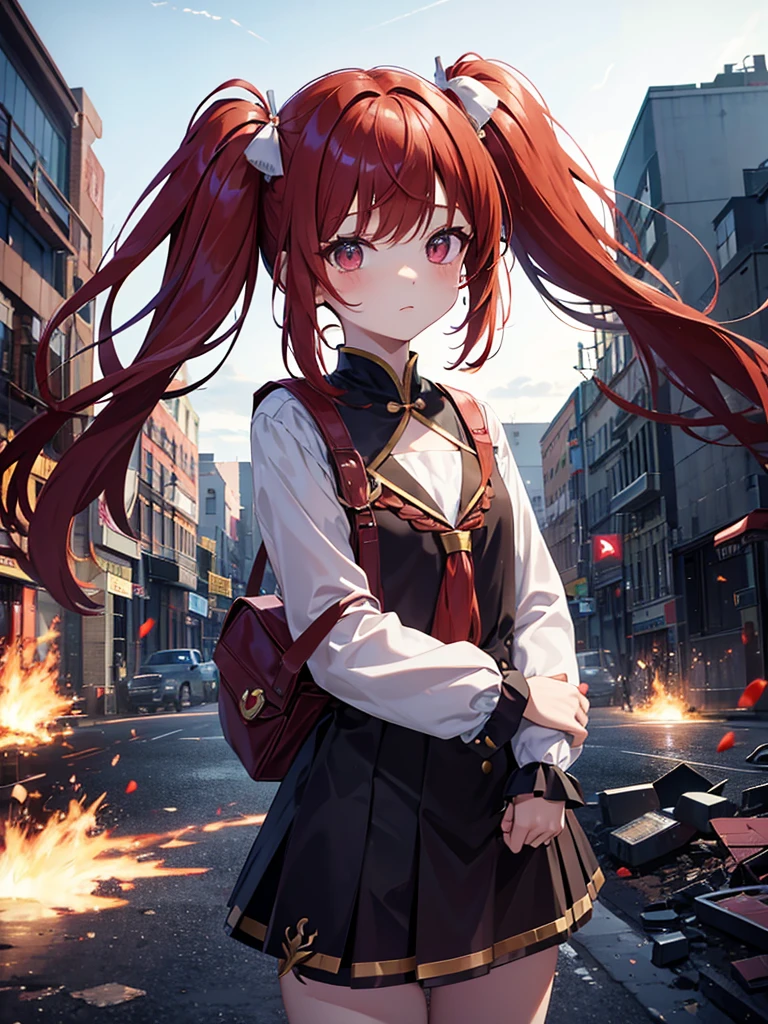 One person, Long Hair, bangs, Patsun,重めbangs,Twin tails,
The chest is a little,Red Hair,Magical girl,Ruined Building Background,Expressionless