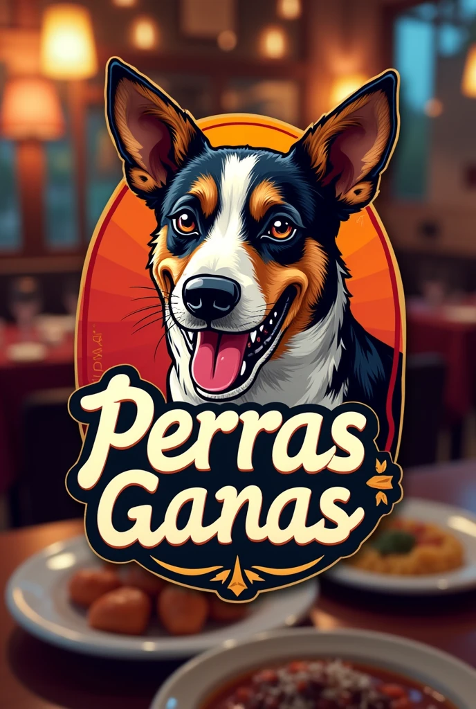 Logo for a restaurant called Perras Ganas
Include a sexy dog