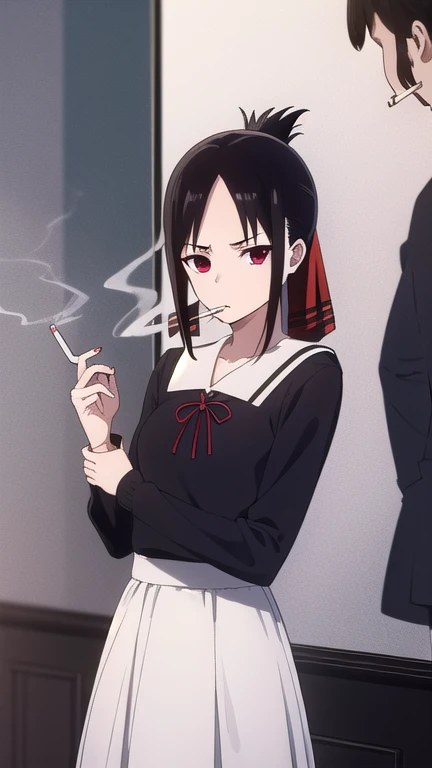 kaguyashinomiya, kaguya shinomiya, short hair, bangs, black hair, (red eyes:1.3), hair ribbon, sidelocks, folded ponytail, (parted bangs:1.5),
BREAK long sleeves, dress, ribbon, school uniform, collarbone, black dress, sailor collar, white sailor collar, red ribbon, neck ribbon, shuuchiin academy school uniform,
BREAK indoors, classroom,
BREAK looking at viewer, (cowboy shot:1.5),
BREAK (masterpiece:1.2), best quality, high resolution, unity 8k wallpaper, (illustration:0.8), (beautiful detailed eyes:1.6), extremely detailed face, perfect lighting, extremely detailed CG, (perfect hands, perfect anatomy), (Smoking a cigarette:1.5), One cigarette, Cigarette smoke, A displeased expression, glaring at me