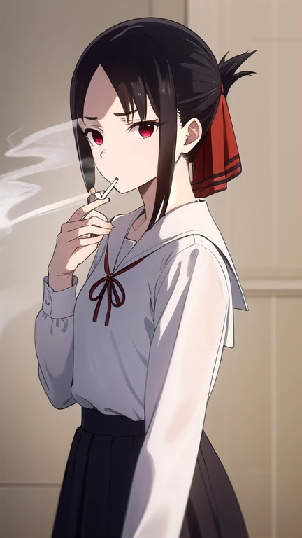 kaguyashinomiya, kaguya shinomiya, short hair, bangs, black hair, (red eyes:1.3), hair ribbon, sidelocks, folded ponytail, (parted bangs:1.5),
BREAK long sleeves, dress, ribbon, school uniform, collarbone, black dress, sailor collar, white sailor collar, red ribbon, neck ribbon, shuuchiin academy school uniform,
BREAK indoors, classroom,
BREAK looking at viewer, (cowboy shot:1.5),
BREAK (masterpiece:1.2), best quality, high resolution, unity 8k wallpaper, (illustration:0.8), (beautiful detailed eyes:1.6), extremely detailed face, perfect lighting, extremely detailed CG, (perfect hands, perfect anatomy), (Smoking a cigarette:1.5), One cigarette, Cigarette smoke, A displeased expression, glaring at me