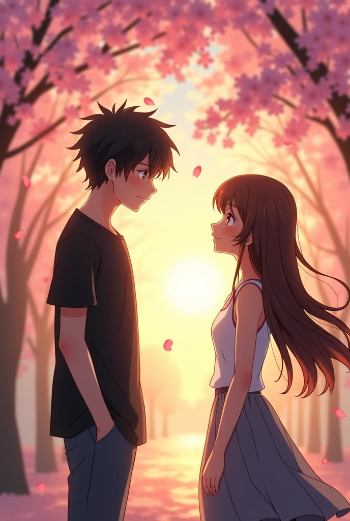 A heartwarming anime-style scene featuring a young boy 27 year and girl 22 year standing under blooming cherry blossom trees at sunset. The boy has black tshirt messy black hair and wears a light-colored shirt and dark pants, while the girl has long, flowing brown hair and wears a white sleeveless top with a gray skirt. They face each other sad,love,missing with gentle expressions, bathed in the warm, golden light of the setting sun. Pink cherry blossom petals float softly around them, creating a serene and romantic atmosphere. A boy try to love touch this girl, but girl dont want this amd she ignore boy
 "