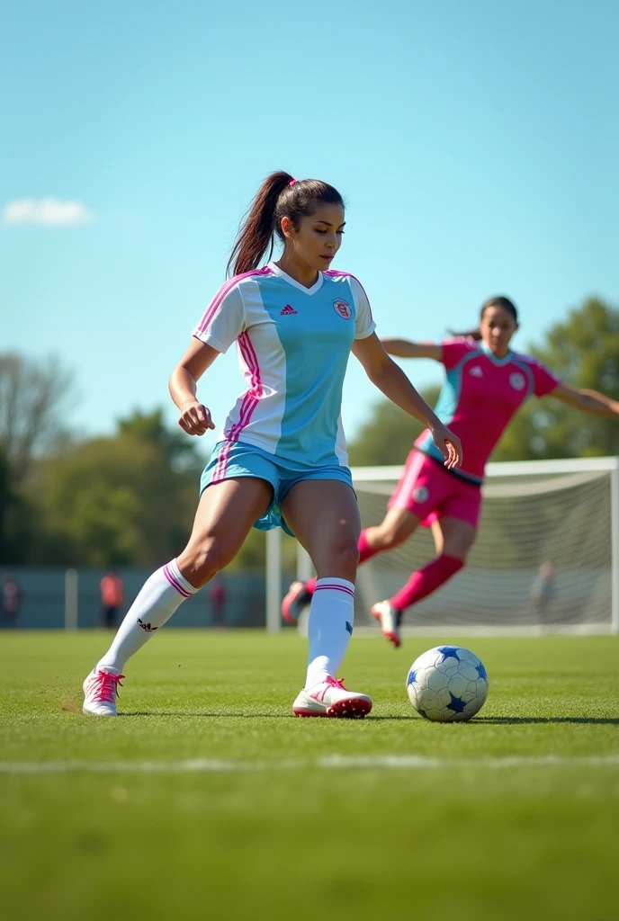 Slender woman with big breasts thick thighs, slim, well defined in a white, sky blue and pink football uniform, kicking the ball towards the goal and missing, Adidas women's soccer cleats. Goalkeeper diving for the ball, wide shot, goal fails