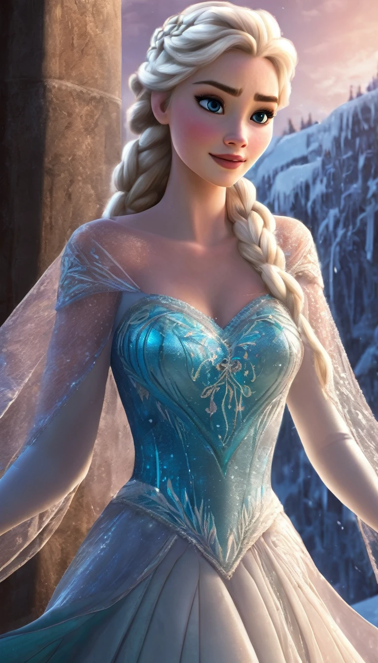 A close-up of a woman in a dress with a long skirt, beautiful elsa, elsa from frozen, elsa frozen, elsa, portrait of elsa of arendelle, portrait of elsa from frozen, ice queen, frozen like a statue, Beautiful full body concept art., ((a beautiful fantasy empress)), blonde hair princess, frozen, Ice Princess, beautiful digital artwork