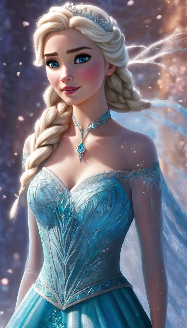 A close-up of a woman in a dress with a long skirt, beautiful elsa, elsa from frozen, elsa frozen, elsa, portrait of elsa of arendelle, portrait of elsa from frozen, ice queen, frozen like a statue, Beautiful full body concept art., ((a beautiful fantasy empress)), blonde hair princess, frozen, Ice Princess, beautiful digital artwork