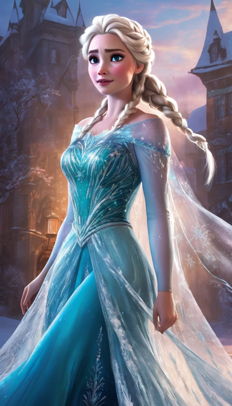 A close-up of a woman in a dress with a long skirt, beautiful elsa, elsa from frozen, elsa frozen, elsa, portrait of elsa of arendelle, portrait of elsa from frozen, ice queen, frozen like a statue, Beautiful full body concept art., ((a beautiful fantasy empress)), blonde hair princess, frozen, Ice Princess, beautiful digital artwork