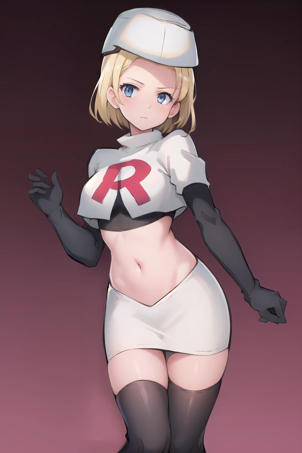 best quality, (masterpiece:1.2), illustration, absurdres, (1girl, solo, beautiful detailed girl),
 Theresia Caroline, short hair, blonde hair, blue eyes, medium breasts,
garrison cap, team rocket,team rocket uniform,white skirt,red letter R,crop top,black thigh-highs,black elbow gloves,
looking at viewer,