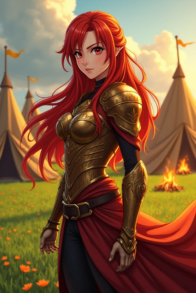 beutiful redhaired warrior, wearing the flame armor from scalet Elsa from Fairy tail anime, in a camp full of green, it is a open field where we can see the girl staring at us, the extention of the green camp and her bweutiful hair half-long colored in scarlet red.