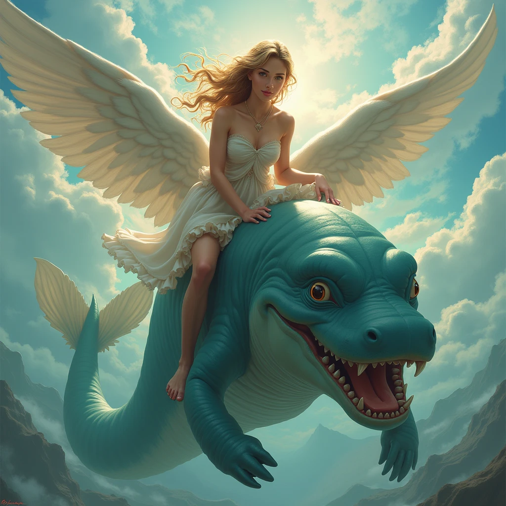 Beautiful Topless angel riding Leviathan