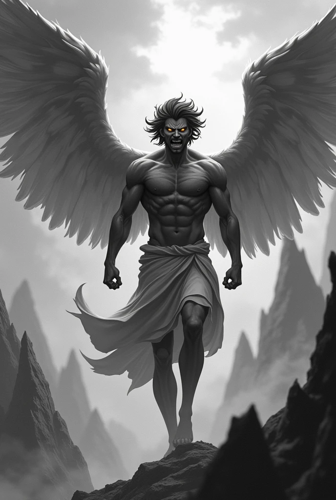Angry man angel in black and white animated