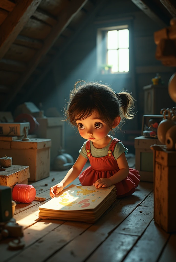 Lúcia, a curious and energetic girl, exploring the attic of her house
grandmother. Show old boxes, forgotten toys and a slightly dusty environment. The attic should have soft lighting that highlights the old notebook covered in
dust with a bright cover of stars and clouds. Lúcia must seem fascinated when she finds the notebook.