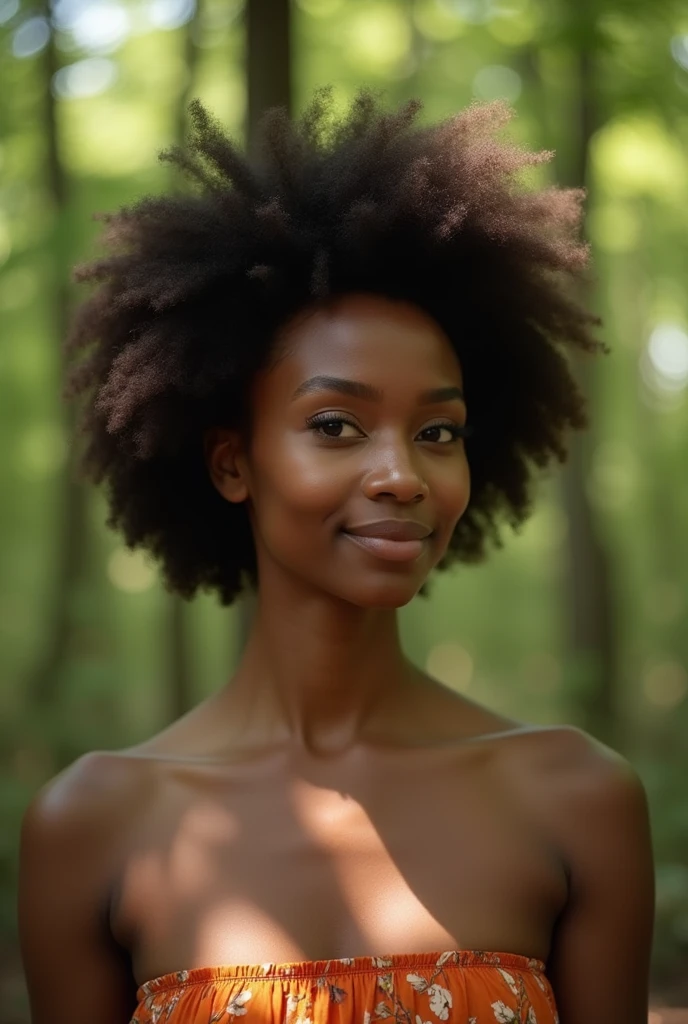 20 year old woman, brown skin, curly black hair, naked, field