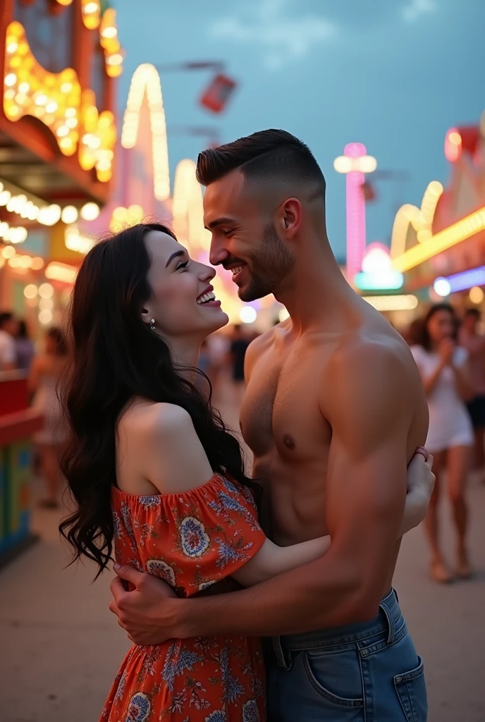 young woman with white skin, lightbrown eyes, with black wavy hair, wearing a boho dress, black boots on her feet in an amusement park facing a tall boy, stark, brawny, brown hair shaved,  mysterious eyes, both facing the camera open catching both standing and entwined