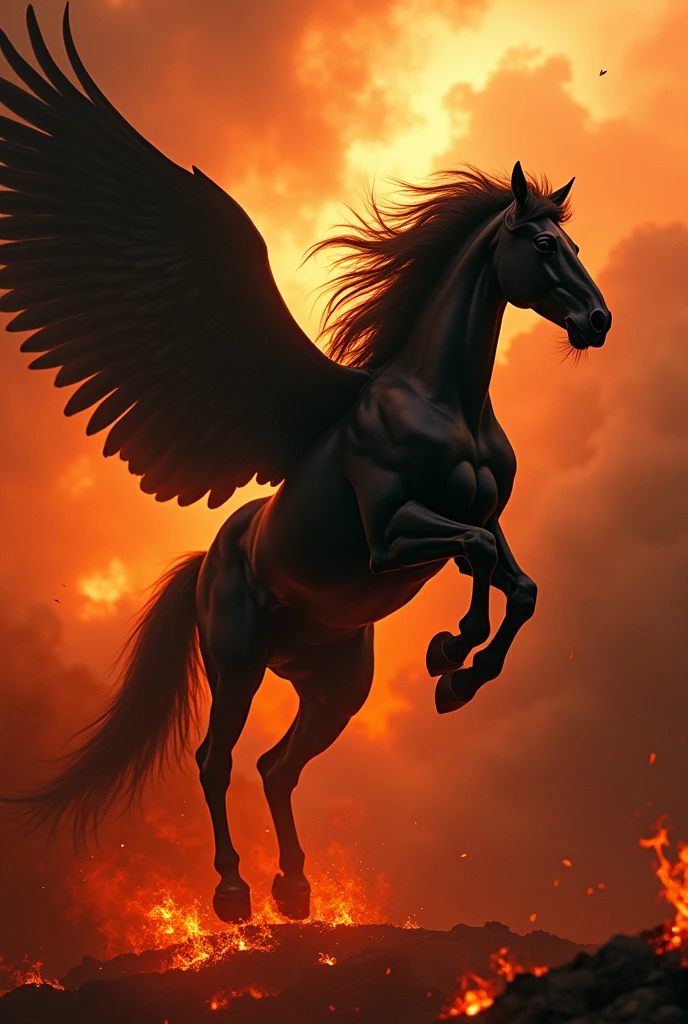 Create an epic image of the mythological animal Pegasus with the background full of fire. The Pegasus must be black.
