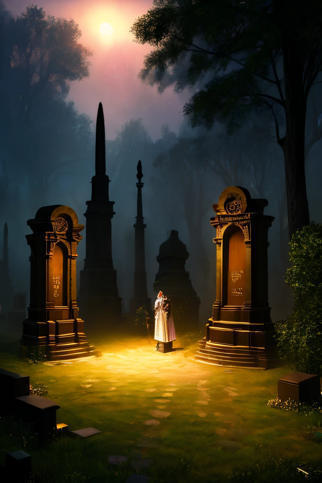 Cinematic, Vampire slayers, walks in an Gothic cemetery at night wearing a gothic steampunk fashion dress, fog and rainy condition, ghostly atmosphere, 1800s, (high skin detail: 1.2), ultra-detailed, photo-realistic, depth of field, cinematic lighting, IMAX camera, HDR, DTM, Full HD, 8k , captured in ultra high resolution with photorealistic and beautiful lighting. This masterpiece is of the best quality and is set against a zentangle abstract background (weighted at 1.4).