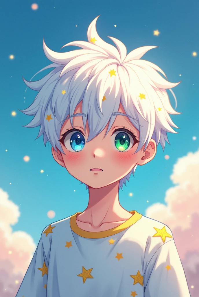 **I'm a skinny gay anime boy, with freckles and strangely white hair and with bright stars that turn on and off in her hair, heterochromia and a very innocent attitude*