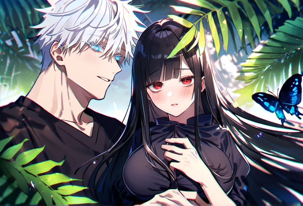 a beautiful woman together with a handsome man, couple, love, sensual, sexy, (beautiful girl, empty eyes, red eyes, red eyes, straight hair, very long hair, hair over one eye, black hair, big breasts, shy, smile, blush), (handsome boy, Jujutsu Kaisen, Gojou Satoru, white hair with bangs, expressive blue eyes, black shirt), flowers, butterflies, fantasy, magical, green leaves, summer, 8k, UHD, best quality, accurate, masterpiece, anatomically correct