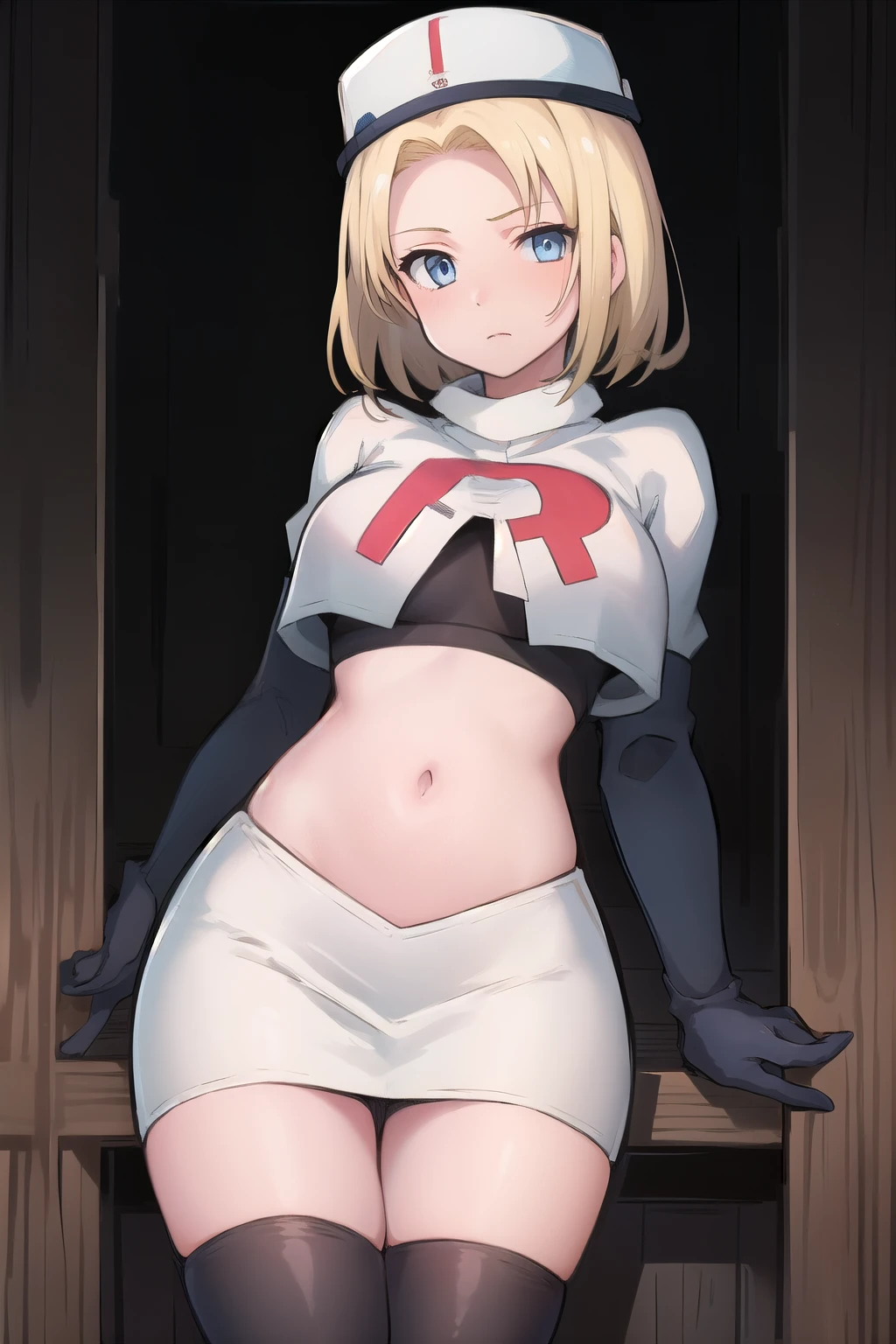 best quality, (masterpiece:1.2), illustration, absurdres, (1girl, solo, beautiful detailed girl),
 Theresia Caroline, short hair, blonde hair, blue eyes, medium breasts,
garrison cap, team rocket,team rocket uniform,white skirt,red letter R,crop top,black thigh-highs,black elbow gloves,
looking at viewer,