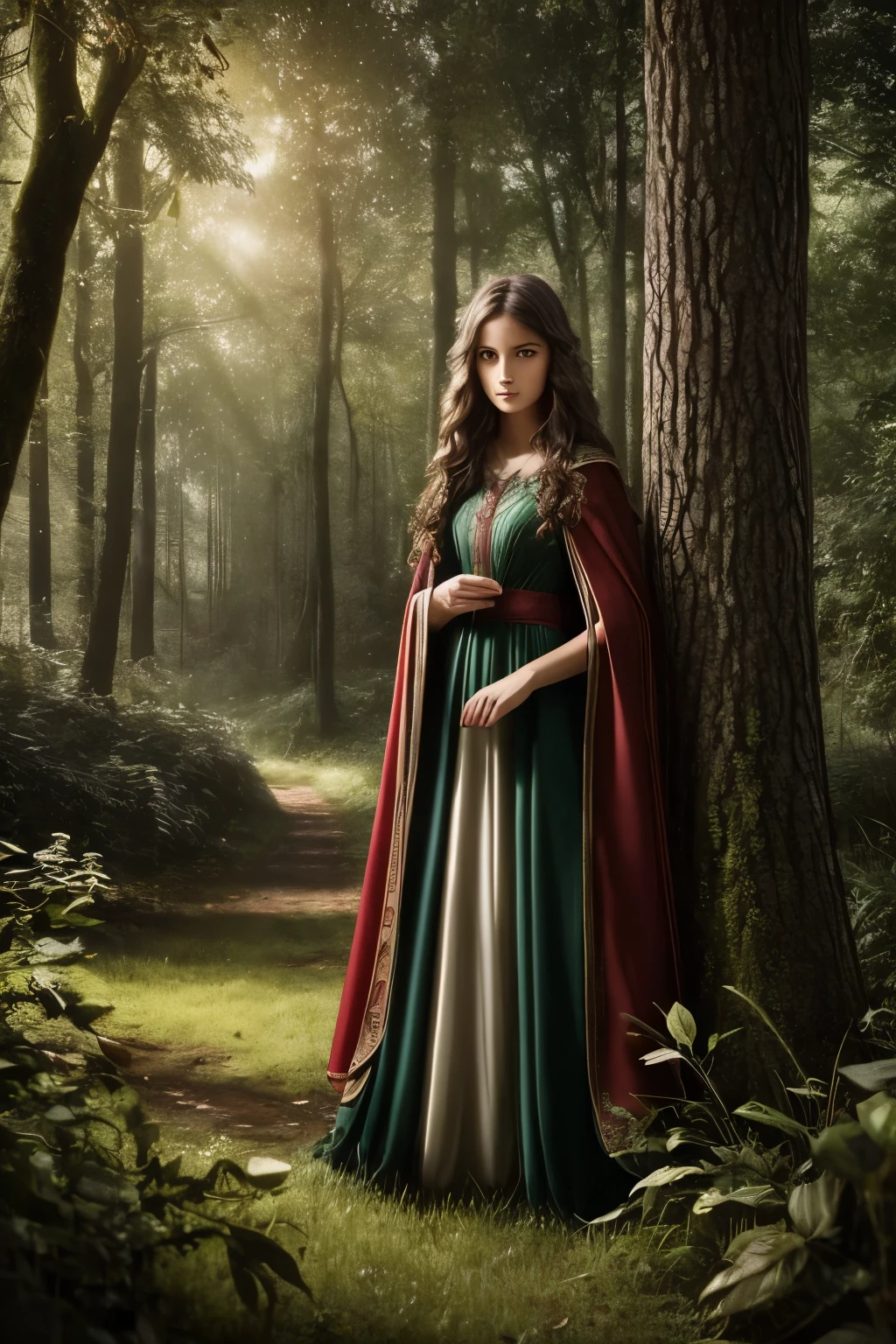 best quality,ultra-detailed,photorealistic,beautiful girl in a garden,traditional oil painting,red cape flowing in the wind,deep green grass and tall trees,sunlight filtering through the leaves,enchanted forest,detailed eyes and face,innocent expression,long wavy hair,basket filled with fruits and flowers,gentle smile,warm color palette,soft lighting, and big bad wolf hiding behind trees,mysterious atmosphere,storybook illustration,lush foliage,ethereal beauty,soft textures,dramatic shadows,fairy tale,adventure and danger,classic literature,magical encounter, exploring the unknown,curiosity,prominent eyes,portraits,mythical creature,suspenseful moment,exciting journey,innocence and bravery,contrast between light and dark,hidden dangers,whispering wind and rustling leaves,adding a touch of surrealism, path leading deeper into the forest,quiet and tranquil setting,enchanted garden,contrast between the girl's red cloak and the green surroundings,contrast between the girl's soft features and the wolf's fierce expression,captivating and compelling imagery.
