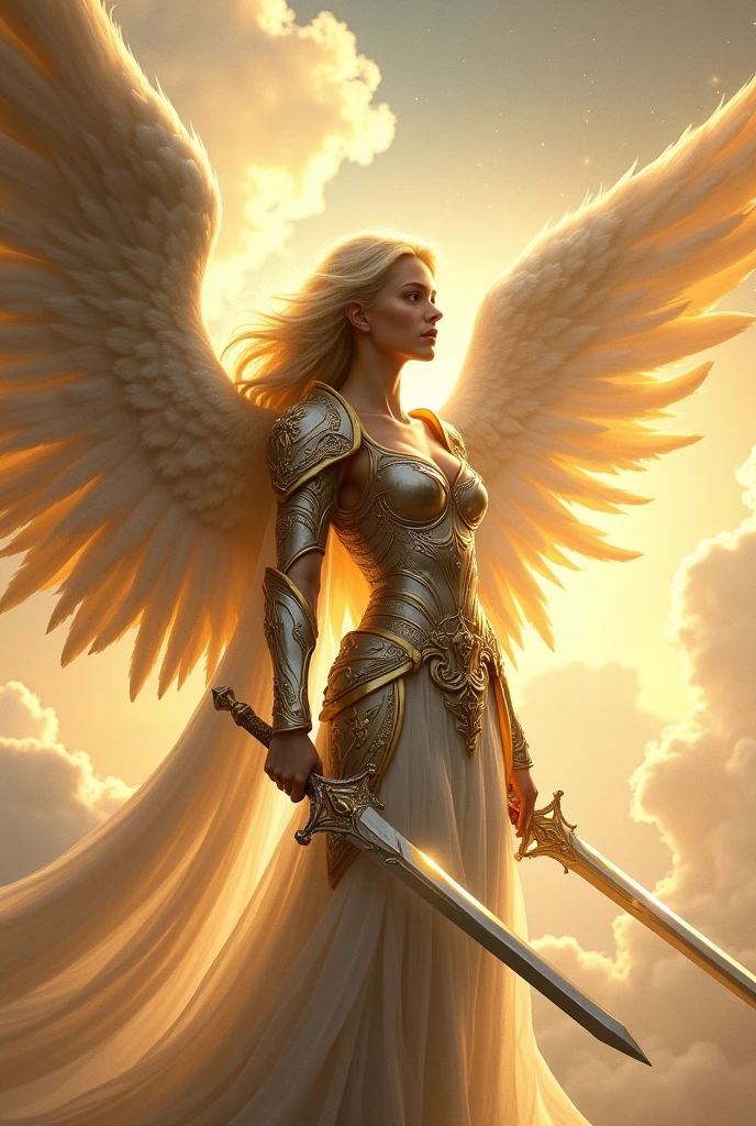 Blonde Archangel , wearing armor , holding a longsword . 