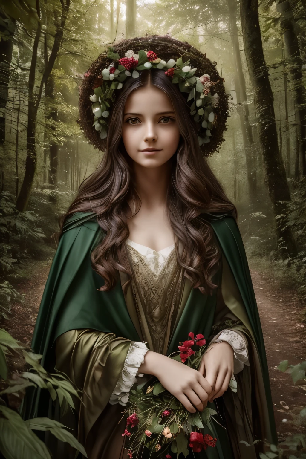 best quality,ultra-detailed,photorealistic,beautiful girl in a garden,traditional oil painting,red cape flowing in the wind,deep green grass and tall trees,sunlight filtering through the leaves,enchanted forest,detailed eyes and face,innocent expression,long wavy hair,basket filled with fruits and flowers,gentle smile,warm color palette,soft lighting, and big bad wolf hiding behind trees,mysterious atmosphere,storybook illustration,lush foliage,ethereal beauty,soft textures,dramatic shadows,fairy tale,adventure and danger,classic literature,magical encounter, exploring the unknown,curiosity,prominent eyes,portraits,mythical creature,suspenseful moment,exciting journey,innocence and bravery,contrast between light and dark,hidden dangers,whispering wind and rustling leaves,adding a touch of surrealism, path leading deeper into the forest,quiet and tranquil setting,enchanted garden,contrast between the girl's red cloak and the green surroundings,contrast between the girl's soft features and the wolf's fierce expression,captivating and compelling imagery.
