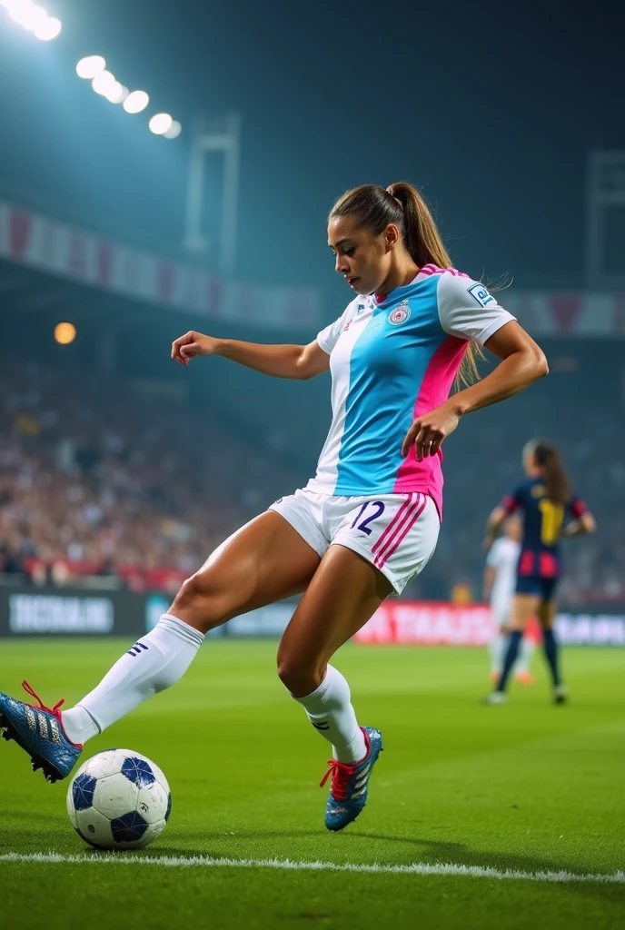 Slender woman with big breasts thick thighs, slim, well defined in a white, sky blue and pink football uniform, kicking the ball towards the goal and missing, adidas brand women's soccer cleats. Goalkeeper diving for the ball, wide shot, goal fails