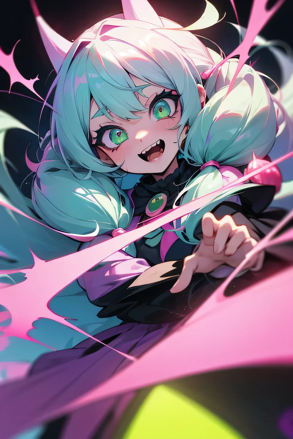 Girl, fluffy hair, cool hairstyles, pink and green, long hair, big eyes, long eyelashes, colorful green eyes, round eyes, stars in the eyes, open mouth, jagged teeth, pop, cute, Colorful, dynamic, pastel, (colorful:1), (sketch:0.3), (hyper pop:1), Jirai Kei, (realistic:1.3), Demonic, phonk, neon, creepy smile, obscure scene, dangerous, tsundere
