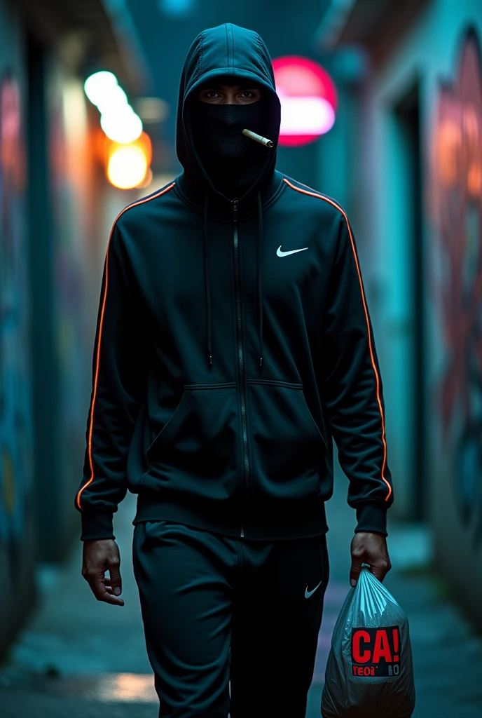 a dangerous looking man with a balaclava and a vacuum bag where CA! is written on it in the hand and a joint in his mouth the man wears a nike tracksuit, and a fanny pack he has a deep cap