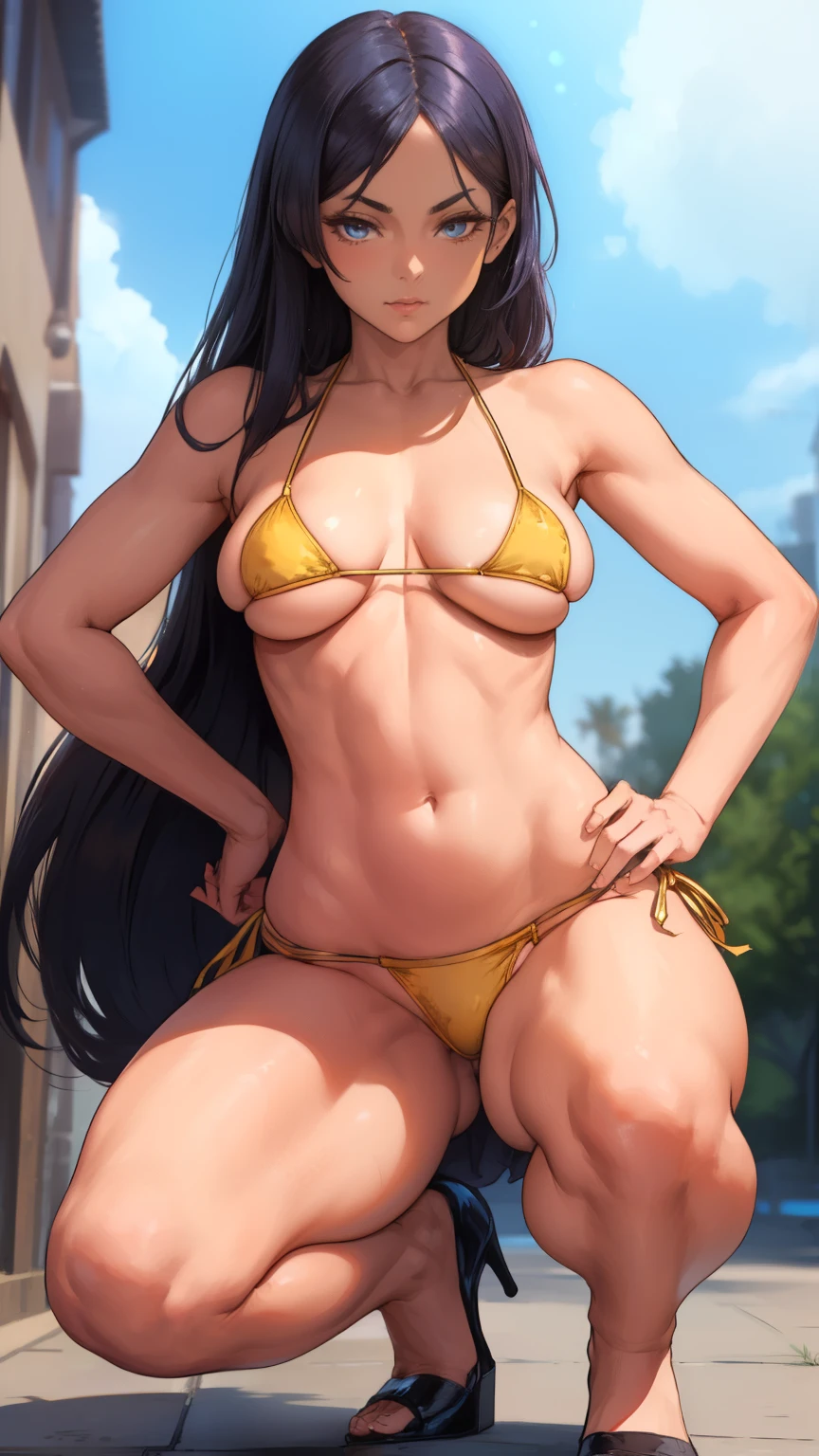 (masterpiece, best quality:1.2),photoreal,((perfect anatomy)),(muscular:-1.0),((solo:1.5)), ((alone:1.5)),((1 middle age woman:1.5)),perfect eyes,((looking at viewer:1.4)),((horizontal angle)),((straight-on:1.4)),((view from front:1.4)),shooting from front,lighting from front,(aged sagging breasts),((small breasts:1.5)),((do not hide your crotch:1.4)),((cod lips)),((squatting:1.3)),((spreading your legs wide:1.3)),((hands on hip bone:1.4)),(holding your head high),delicate and beautiful,((detailed hair)),black hair,((bare legs:1.4)),((bare arms)),BREAK ((gold bikini:1.2)),high heel,