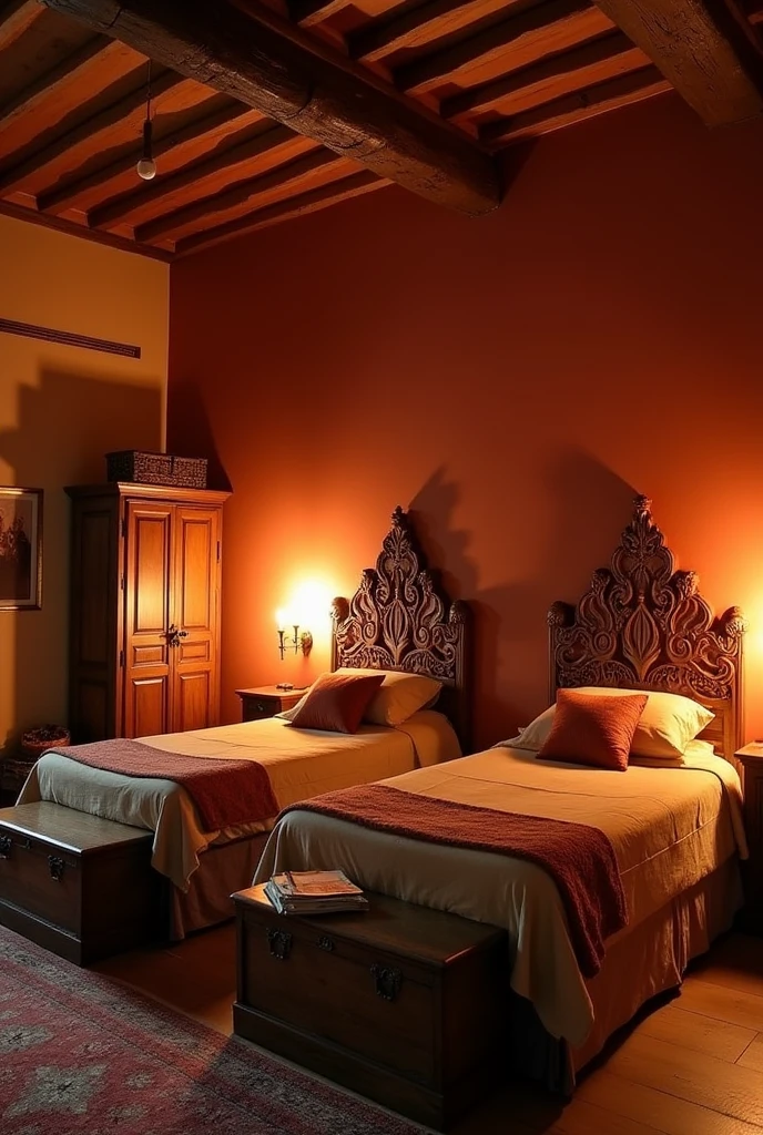the large bedroom has 2 single beds, one on each wall, with good space between them. the walls have a slightly reddish color. Beds feature ornate headboards that often include details that evoke flames. each room is equipped with a smaller fireplace or heat source, providing a comfortable and welcoming environment. The decor is rustic, with furniture and accessories that complement the fire theme and create a comfortable space for residents. There is a wooden closet and rustic chests in front of the bed. the sheets and pillowcases are also reddish, and the room is lit by torches