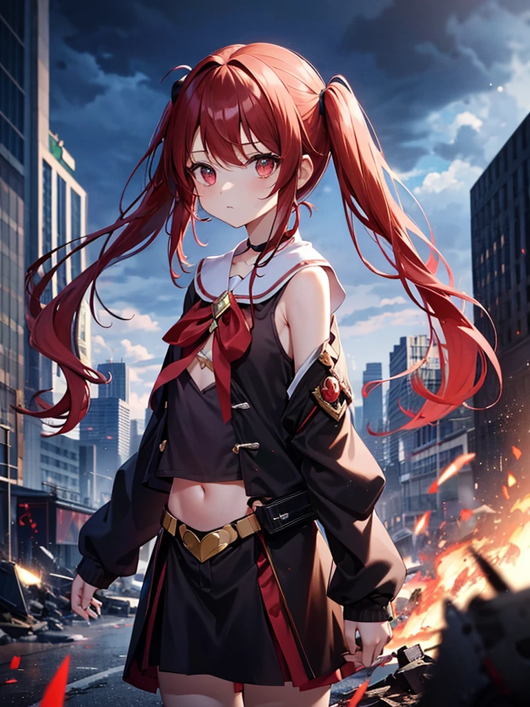 One person, Long Hair, bangs, Patsun,重めbangs,Twin tails,
The chest is a little,Red Hair,Magical girl,Ruined Building Background,Expressionless cool look,Dark Sky
