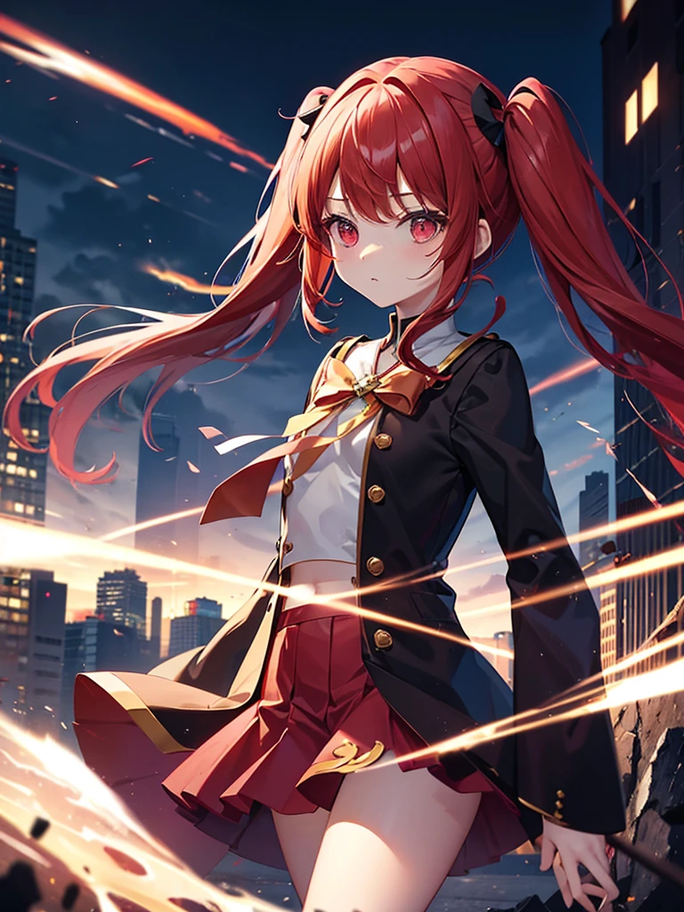 One person, Long Hair, bangs, Patsun,重めbangs,Twin tails,
The chest is a little,Red Hair,Magical girl,Ruined Building Background,Expressionless cool look,Dark Sky