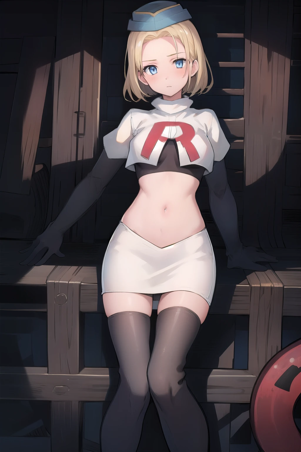 best quality, (masterpiece:1.2), illustration, absurdres, (1girl, solo, beautiful detailed girl),
 Theresia Caroline, short hair, blonde hair, blue eyes, medium breasts,
garrison cap, team rocket,team rocket uniform,white skirt,red letter R,crop top,black thigh-highs,black elbow gloves,
looking at viewer,