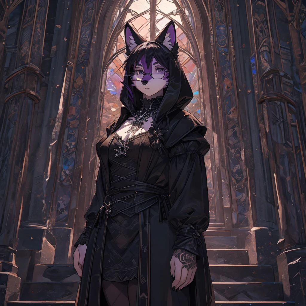 Masterpiece, High quality, High quality of art, best quality, best details, ultra quality, anime artstyle, 2d lineart, furry, girl, solo, tall, black and purple fur, Black fur on the chest and belly, Gothic clothes, big thighs, Tattoo on the chest, glasses, black gothic clothes, disgruntled look