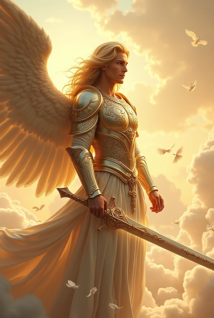 male archangel , blond , wearing armor , holding a longsword .