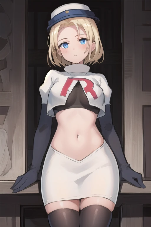 best quality, (masterpiece:1.2), illustration, absurdres, (1girl, solo, beautiful detailed girl),
 Theresia Caroline, short hair, blonde hair, blue eyes, medium breasts,
garrison cap, team rocket,team rocket uniform,white skirt,red letter R,crop top,black thigh-highs,black elbow gloves,
looking at viewer,