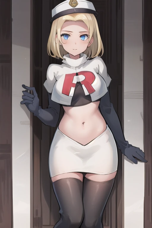 best quality, (masterpiece:1.2), illustration, absurdres, (1girl, solo, beautiful detailed girl),
 Theresia Caroline, short hair, blonde hair, blue eyes, medium breasts,
garrison cap, team rocket,team rocket uniform,white skirt,red letter R,crop top,black thigh-highs,black elbow gloves,
looking at viewer,