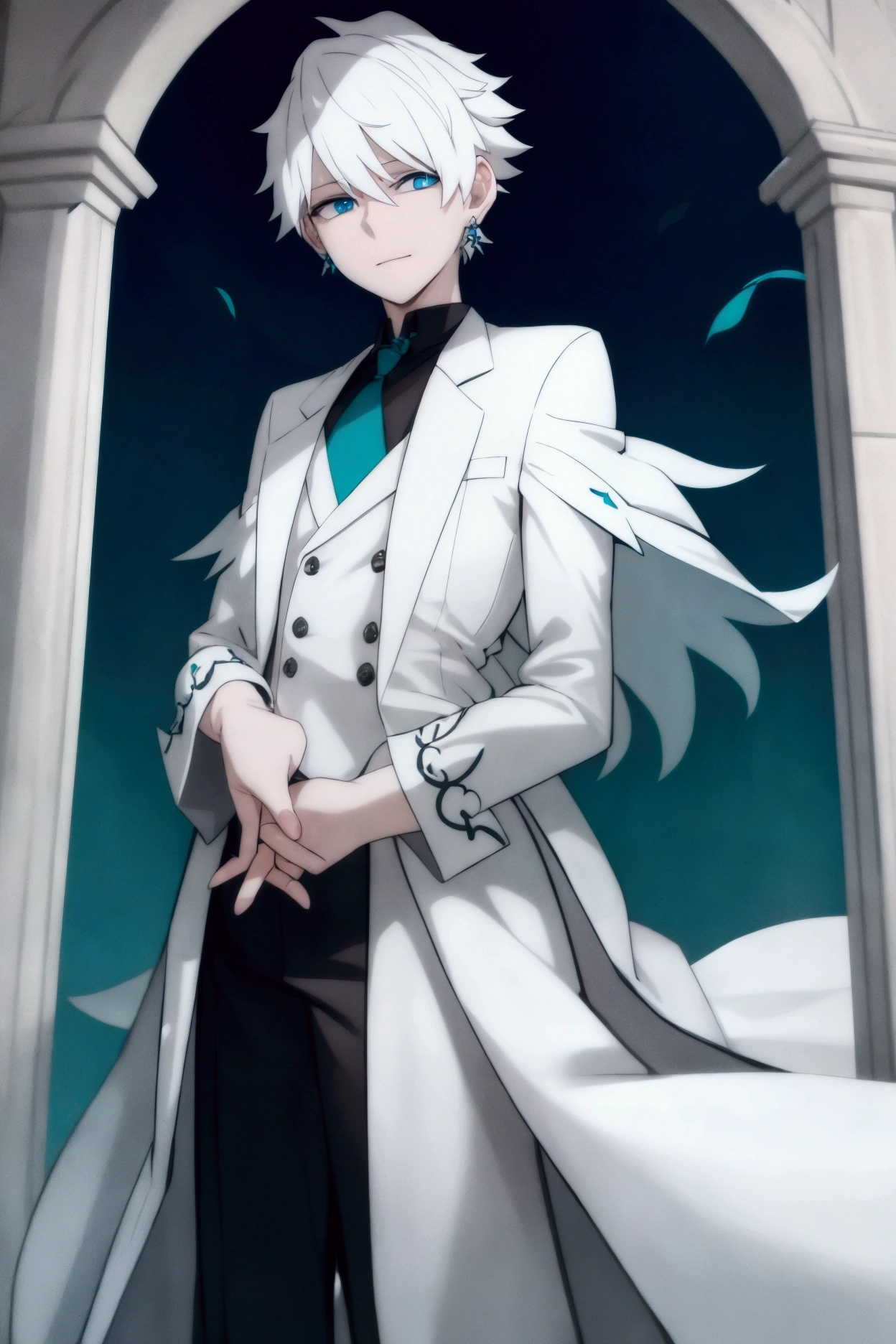 White haired boy with seafoam blue eyes, pale skin, small smile and wearing a single leaf earring